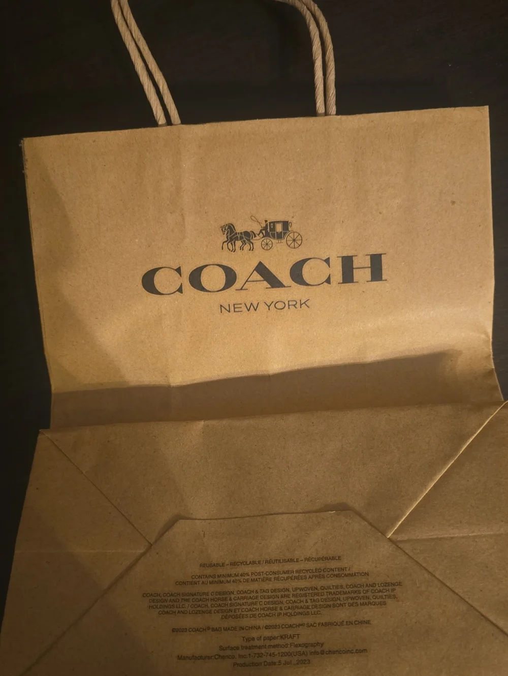 Coach New York Brown Paper Shopper Bag.8 X 10